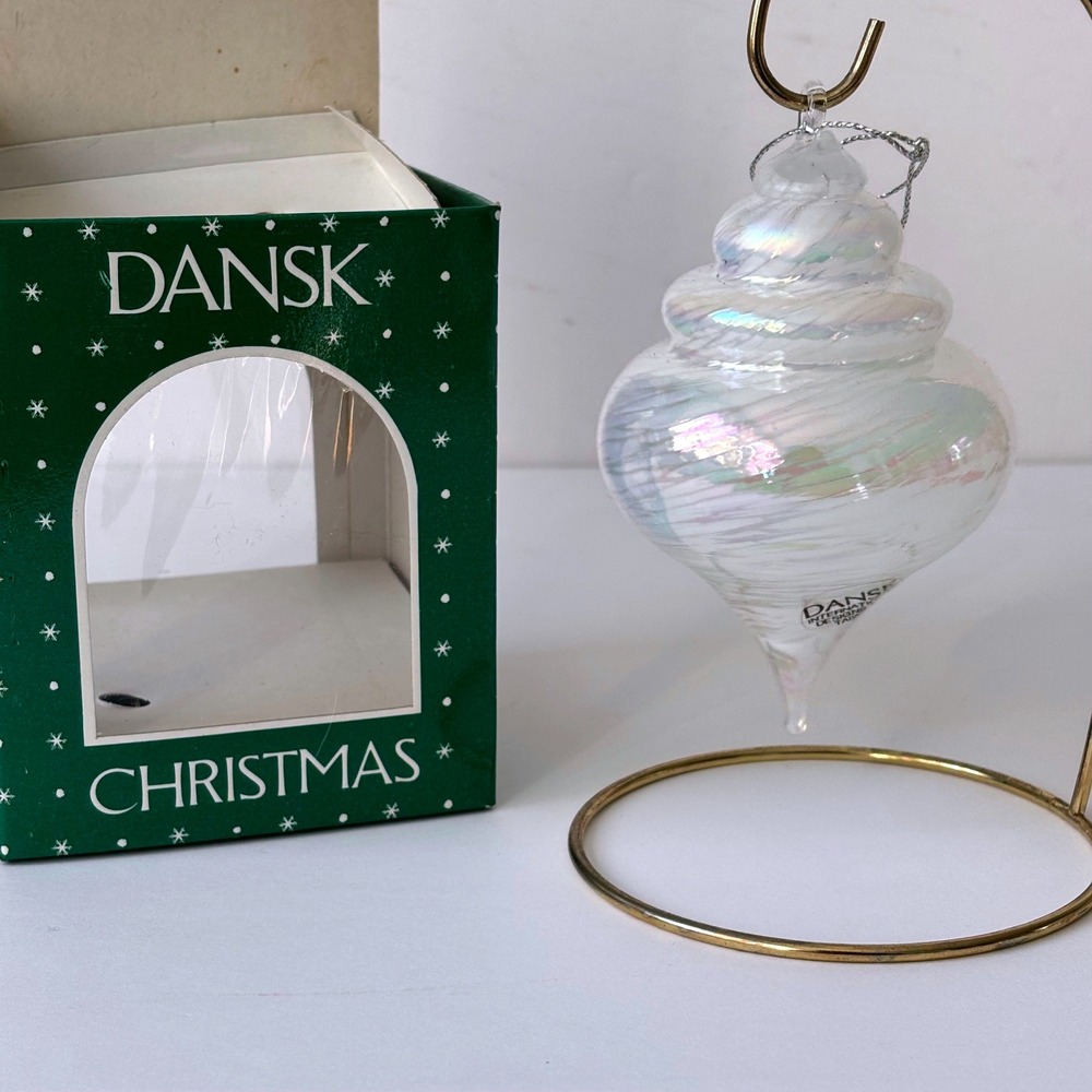 Vintage Dansk Glass Shell Christmas Ornament Iridescent Swirl White Coastal